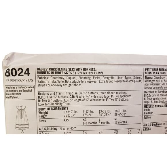 Simplicity Baby Christening Gown Romper Sets Sewing Patterns UNCUT - Picture 2 of 6